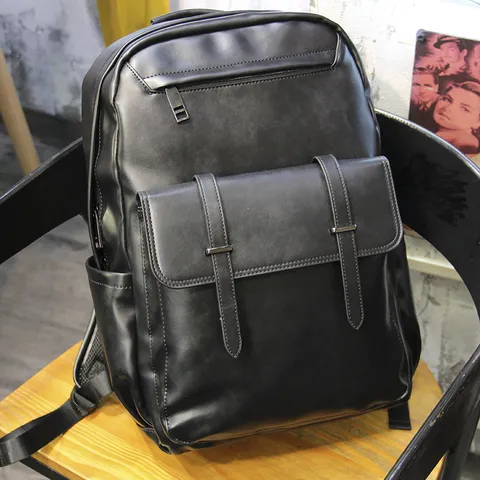 Unisex PU Leather Business Casual Backpack Large Capacity Laptop School Travel Bag Black