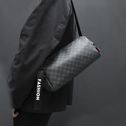 Men Street Trend PU Leather Crossbody Bag Fashion Plaid Shoulder Bag Waterproof Casual Daily Messenger Chest Bag