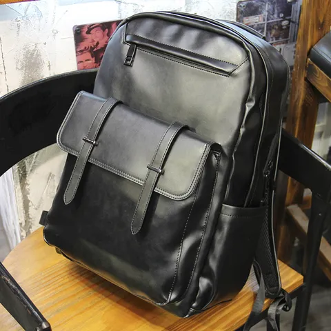 Unisex PU Leather Business Casual Backpack Large Capacity Laptop School Travel Bag Black
