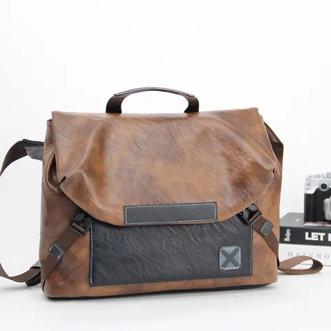 Men Vintage PU Leather Messenger Bag Casual Business Crossbody Bag Work Shoulder Bag For Commuting
