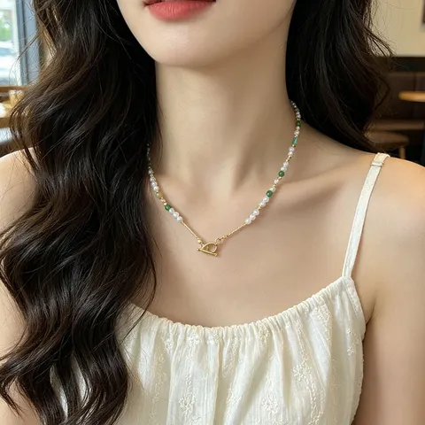 Collier de Perles Fait Main Menthe Mambo pour Femme Pierre Naturelle Perle d'Eau Douce Acier au Titane Choker Avec Fermoir Cabillot Rétro Frais Dégradé