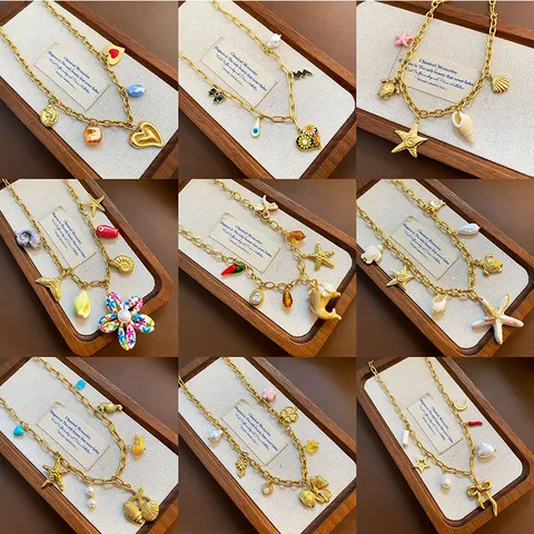 Titanium Steel DIY Ocean Style Drip Oil Pendant Necklace For Women Artificial Pearl Bowknot Conch Starfish Heart Fruit Jewelry