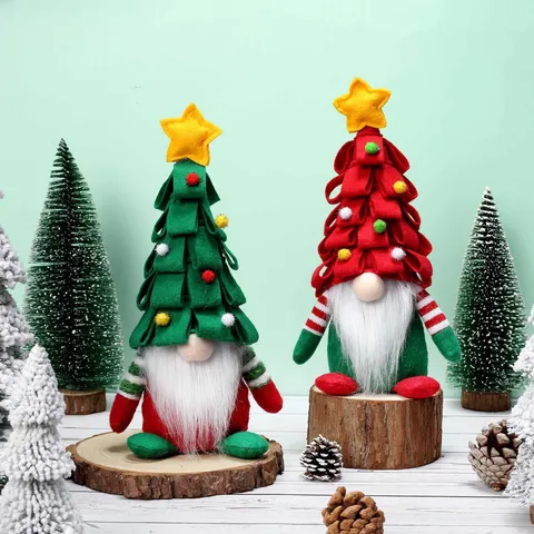 Christmas Tree Gnome Decoration Rudolph Plush Doll Handmade Forest Faceless Doll With Pom Poms Yellow Star For Home Party Ornament