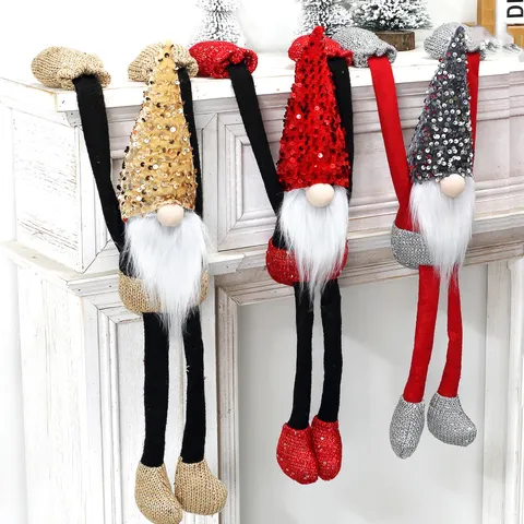 Christmas Long Arm Faceless Gnome Plush Sequin Hat Fireplace Hanging Decoration Rudolph Doll Festive Home Ornament