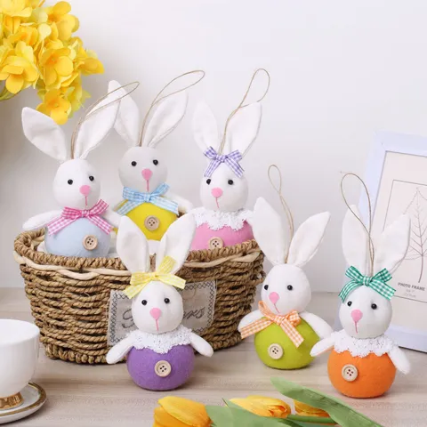 Easter Bunny Plush Ornaments Glowing Rabbit Doll Hanging Decoration For Spring Party Home Plaid Bow Plaid Design Kids Gift