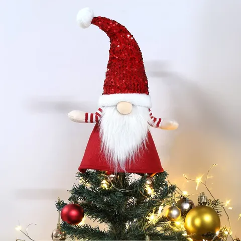 Christmas Tree Topper Faceless Gnome Sequin Hat Plush Rudolph Doll Ornament Festive Party Xmas Tree Holiday Home Decoration