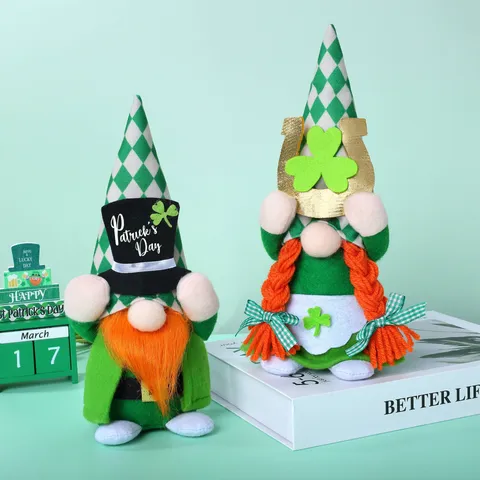 St Patrick Day Shamrock Gnomes Plaid Knitted Faceless Doll Green Clover Irish Gnome Plush Ornament Party Decoration Gift