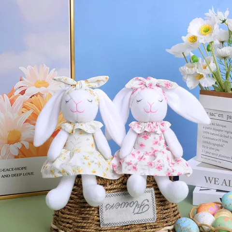 Easter Rabbit Plush Toy Long Ear Bunny Doll Floral Dress Gnome Festive Table Ornament Spring Flower Party Home Decor