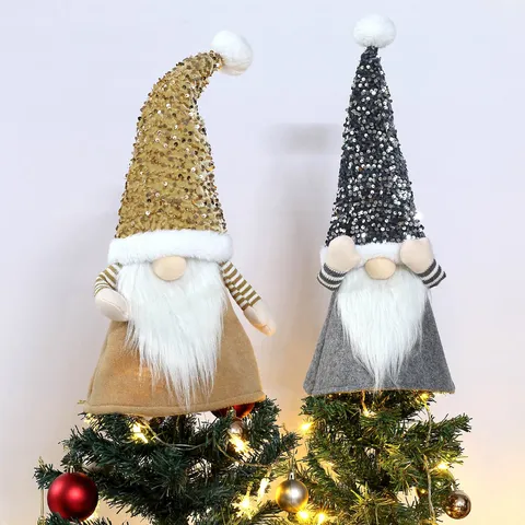 Christmas Tree Topper Faceless Gnome Sequin Hat Plush Rudolph Doll Ornament Festive Party Xmas Tree Holiday Home Decoration