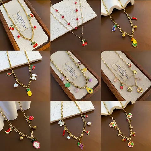 Titanium Steel DIY Ocean Style Drip Oil Pendant Necklace For Women Artificial Pearl Bowknot Conch Starfish Heart Fruit Jewelry