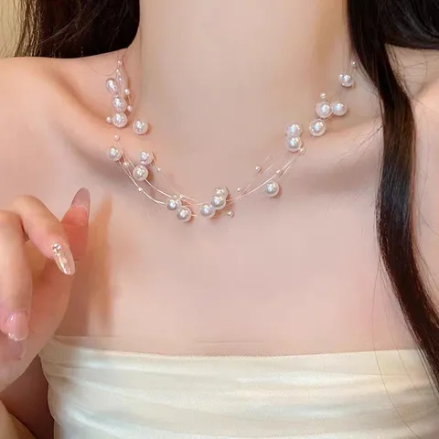 Fashion Artificial Pearl Necklace Multi Layer Illusion Fishing Line Choker Floating Gypsy Choker Necklaces Jewelry Gift For Women