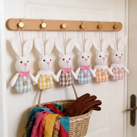 Easter Bunny Plush Hanging Decorations Checkered Fabric Rabbit Ornaments For Spring Party Home Wall Festive Decor