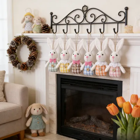 Easter Bunny Plush Hanging Decorations Checkered Fabric Rabbit Ornaments For Spring Party Home Wall Festive Decor