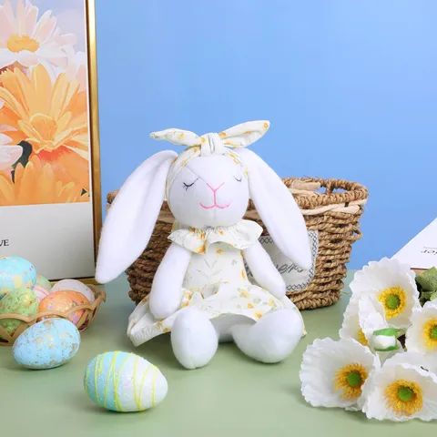 Easter Rabbit Plush Toy Long Ear Bunny Doll Floral Dress Gnome Festive Table Ornament Spring Flower Party Home Decor