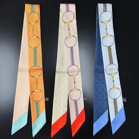 Franse Stijl Bedrukte Twilly Smalle Sjaal Vrouwen Bloemen Geometrisch Polyester Nek Sjaal Haarband Tas Decoratie