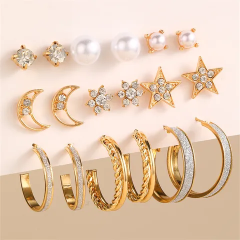 Gold Crown Star Moon Stud Earrings Set For Women Alloy Rhinestone Artificial Pearl Thread Hoop Earrings Fashion Jewelry Gift