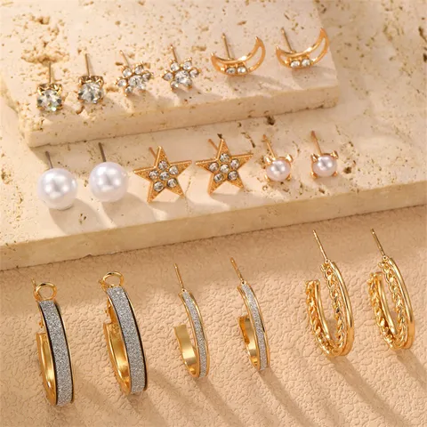 Gold Crown Star Moon Stud Earrings Set For Women Alloy Rhinestone Artificial Pearl Thread Hoop Earrings Fashion Jewelry Gift