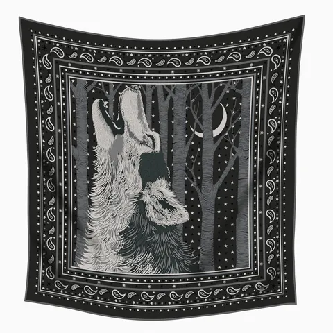 Damen Vintage Wald Wolf Mond Ross Quadratisches Tuch Satin-Optik Polyester Bedruckter Schal Outdoor Warm Paisley Große Bandana