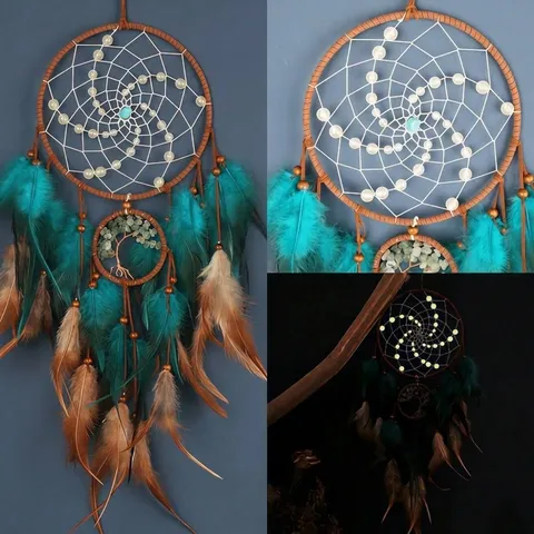 Handgemaakte Etnische Dromenvanger Met Lichtgevende Kralen Levensboom Veer Hangende Decoratie Voor Slaapkamer Thuis Wanddecoratie