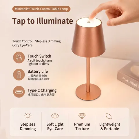 Lampada da Tavolo in Metallo Minimalista Moderna Ricaricabile Senza Fili Lampada da Scrivania a Led Touch Dimming Luce Notturna per Bar Hotel Camera da Letto Caffè Decorazione Domestica