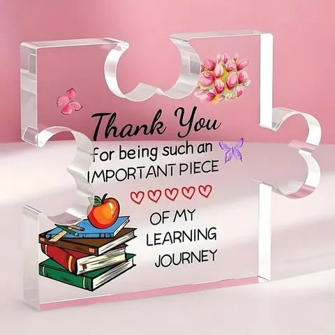 Adorno de Escritorio de Pieza de Rompecabezas de Acrílico Transparente Patrón Floral Placa de Soporte Clara Mesa Artesanía Regalo para Oficina Hogar