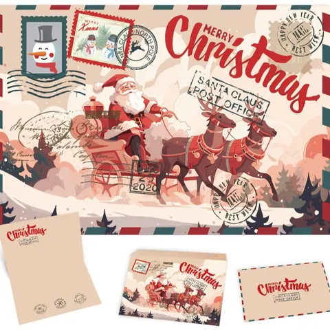 Cartes de Vœux de Noël en Papier Kraft Rétro Père Noël Vintage Bonhomme de Neige Cartes de Bénédiction avec Enveloppes