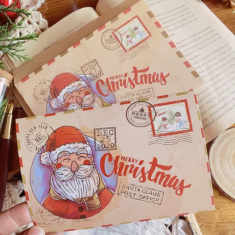 Cartes de Vœux de Noël en Papier Kraft Rétro Père Noël Vintage Bonhomme de Neige Cartes de Bénédiction avec Enveloppes