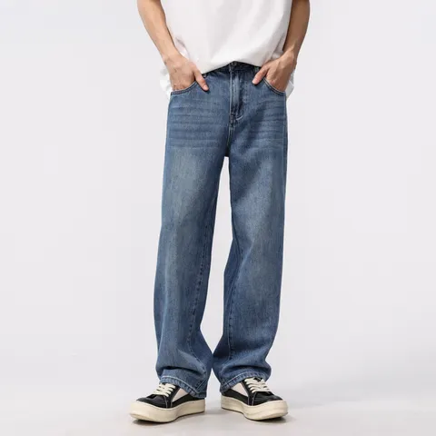 Men Casual Loose Straight Leg Jeans American Vintage Washed Denim Pants Streetwear Wide Leg Trouser For Male Comfort Cargo Pants With Multi Pockets