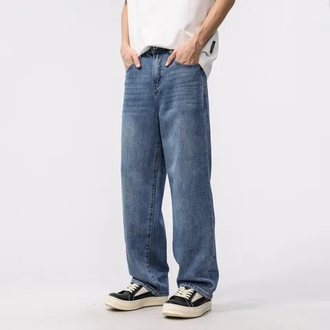 Men Casual Loose Straight Leg Jeans American Vintage Washed Denim Pants Streetwear Wide Leg Trouser For Male Comfort Cargo Pants With Multi Pockets