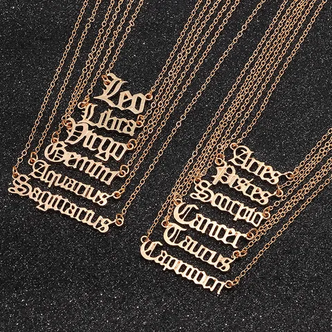 Vintage Legierung Altenglisch Gotisch Alphabet Tierkreis Halskette Für Damen Retro Kreative Zwölf Sternbilder Buchstaben Anhänger Halsketten Schmuck Geschenk