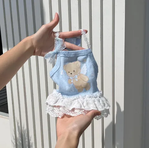 Breathable Cotton Lace Bear Print Dog Dress Cute Princess Style Summer Pet Clothing For Small Dogs Cats Puppy Clothes