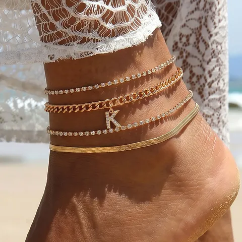 Minimalist Alloy Rhinestone Letter Pendant Anklet Set For Women Gold Electroplated Multi Layer Claw Chain Snake Chain Beach Party Jewelry Gift