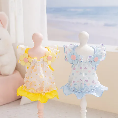 Robe d'Été pour Chien et Chat Respirante en Mousseline Jupe pour Chiot et Chaton Avec Manches Volantées Fleurs 3D Imprimé Floral Cœur