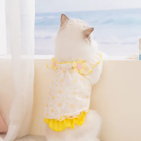 Robe d'Été pour Chien et Chat Respirante en Mousseline Jupe pour Chiot et Chaton Avec Manches Volantées Fleurs 3D Imprimé Floral Cœur