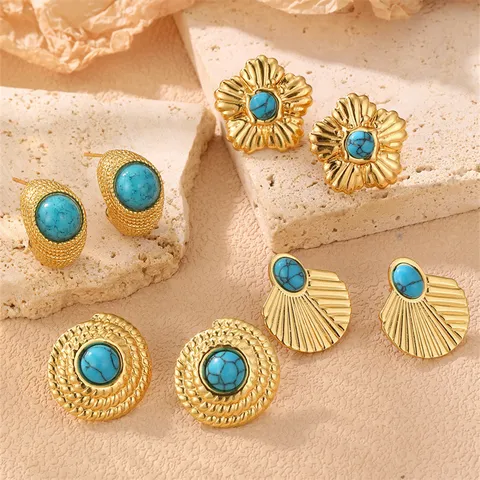 Edelstahl Herz Schleife Blume Ohrstecker Für Damen Vintage Vergoldet Künstliche Perle Türkis Ohrringe Schmuck
