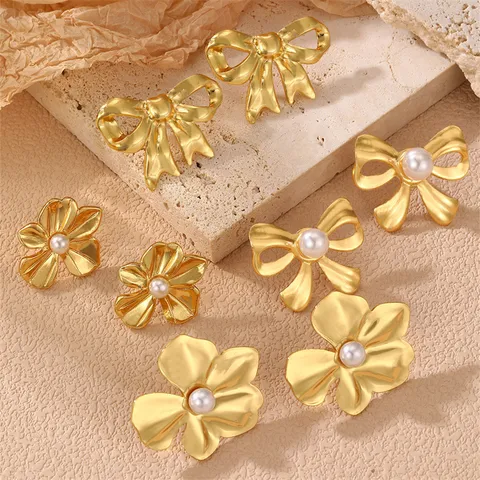 Edelstahl Herz Schleife Blume Ohrstecker Für Damen Vintage Vergoldet Künstliche Perle Türkis Ohrringe Schmuck