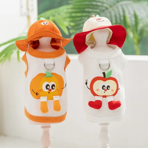 Cartoon Fruchtmuster Haustier Geschirr Weste Mit Hut Atmungsaktives Mesh Welpen Kleidung Soft Orange Kürbis Apfel Hund Katze Bekleidung