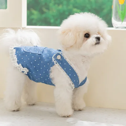 Vintage Polka Dot Pet Harness Dress For Small Dogs Lace Denim Puppy Clothes For Teddy Bichon Spring Summer Dog Dress Apparel
