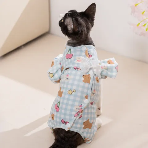 Cute Dralon All Over Print Pet Jumpsuit With Flutter Sleeve Bow Knot Accent Comfortable Belly Wrap Dog Cat Clothing Apparel