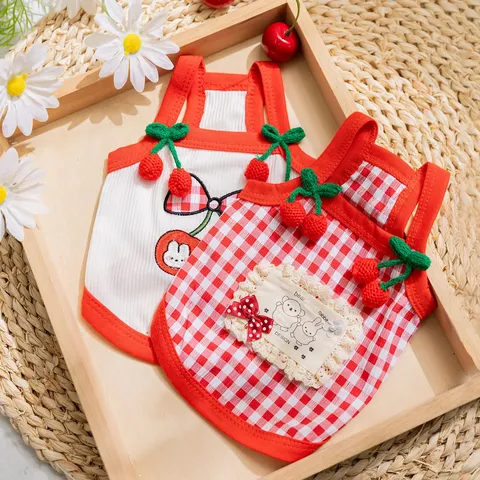 Sommer Haustier Camisole Weste Mit 3D Kirsche Dekoration Atmungsaktiv Kariert Riemen Shirt Für Kleine Hunde Katzen Süß Welpen Kleidung