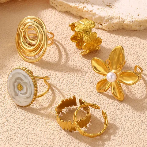 Vintage Edelstahl Verstellbare Ringe Für Damen Retro Geometrisch Blumen Herz Blatt Schmetterling Perlmutt Eingelegt Offener Ring Schmuck