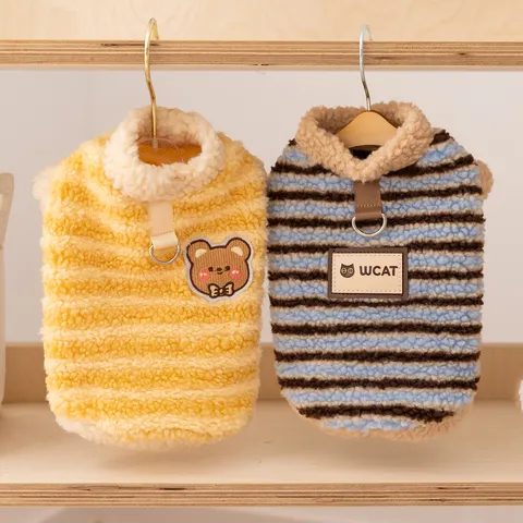 Haustier Winterkleidung Warm Lammwolle Gestreift Hundeweste Cartoon Bär Bestickt Welpenjacke Für Kleine Mittlere Hunde Katzen