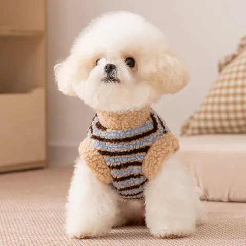 Haustier Winterkleidung Warm Lammwolle Gestreift Hundeweste Cartoon Bär Bestickt Welpenjacke Für Kleine Mittlere Hunde Katzen