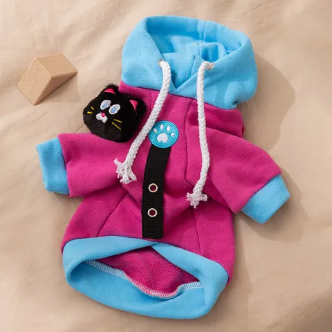 Cartoon Cat 100 Cotton French Terry Pet Hoodie Cute Color Block Clothes With 3D Plush Toy Attachment For Cats Small Dogs