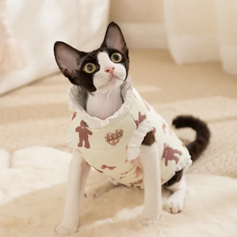 Linda Ropa para Gato Con Estampado de Oso de Dibujos Animados Mono de Cuatro Patas de Forro Polar Cálido Protección Vientre