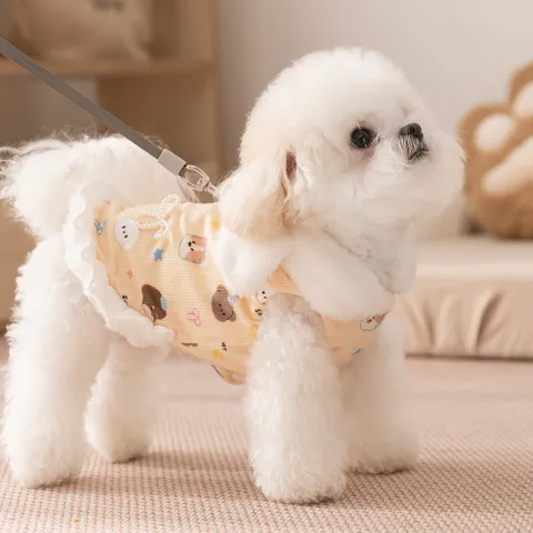 Dog Winter Dress Warm Fleece Corduroy Pet Puppy Skirt With D-Ring Faux Fur Collar Artificial Pearl Bowknot Animal Pattern Clothes