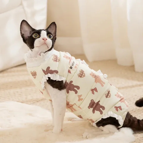 Linda Ropa para Gato Con Estampado de Oso de Dibujos Animados Mono de Cuatro Patas de Forro Polar Cálido Protección Vientre