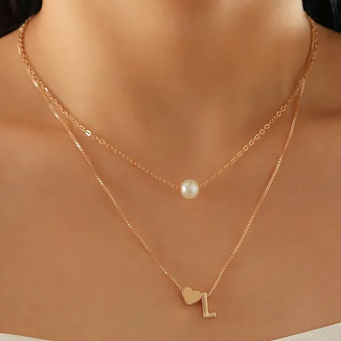 Doppellagige Buchstaben Halskette Damen Vergoldet Legierung Herz Künstliche Perle Alphabet Brief Kette Schmuck Valentinstag Geschenk