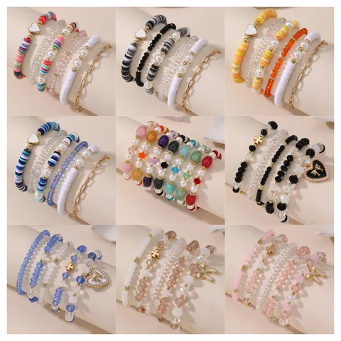 Buntes Polymer-Ton Perlen Armband Set Für Damen Handgefertigte Künstliche Perle Strass Herz Schleife Anhänger Boho Schmuck Armband