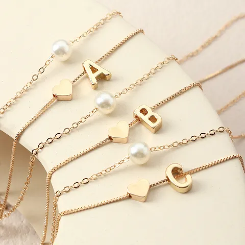 Doppellagige Buchstaben Halskette Damen Vergoldet Legierung Herz Künstliche Perle Alphabet Brief Kette Schmuck Valentinstag Geschenk